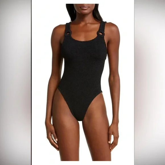 NWOT HUNZA G DOMINO RING HARDWARE ONE-PIECE SWIMSUIT BLACK WOMEN'S ONE SIZE - Picture 1 of 14